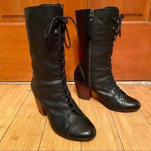 Fossil black leather lace up granny boot size 7